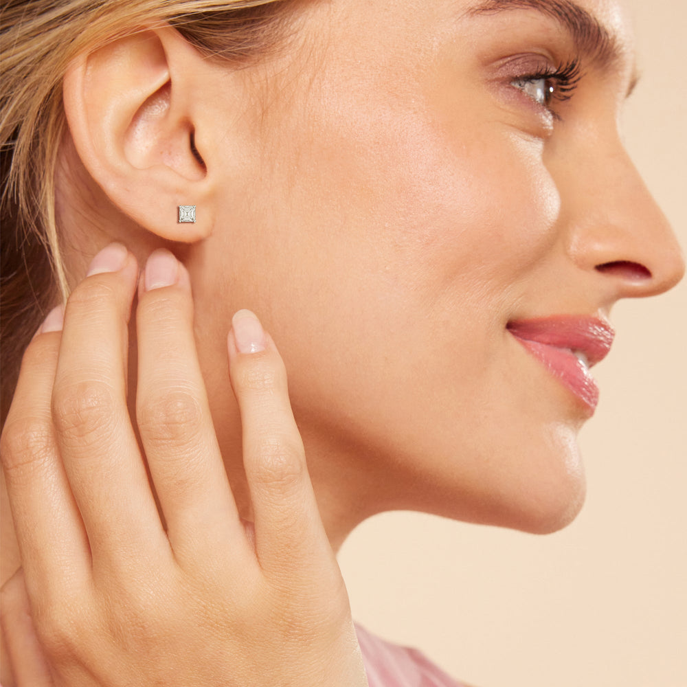 Classic Asscher Stud Earrings with 18KT Rose Gold / Lab / 1 Cut Diamond in 14KT Rose Gold / Lab / 1 view 2