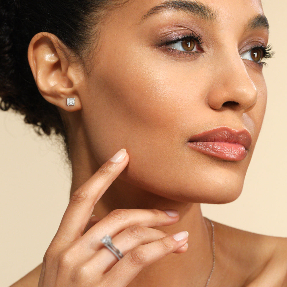 Classic Asscher Stud Earrings with 18KT Rose Gold / Lab / 2 Cut Diamond in 14KT Rose Gold / Lab / 2 view 3