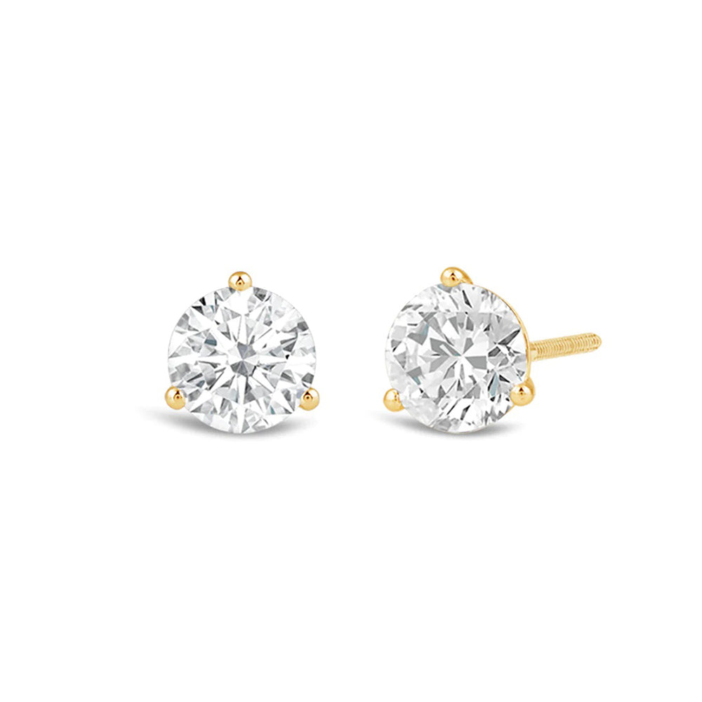 Classic Round Brilliant Cut Diamond Three Prong Martini Stud Earrings with 18KT Yellow Gold / Lab / 3/4 Cut Diamond in 14KT Yellow Gold / Lab / 3/4 view 1