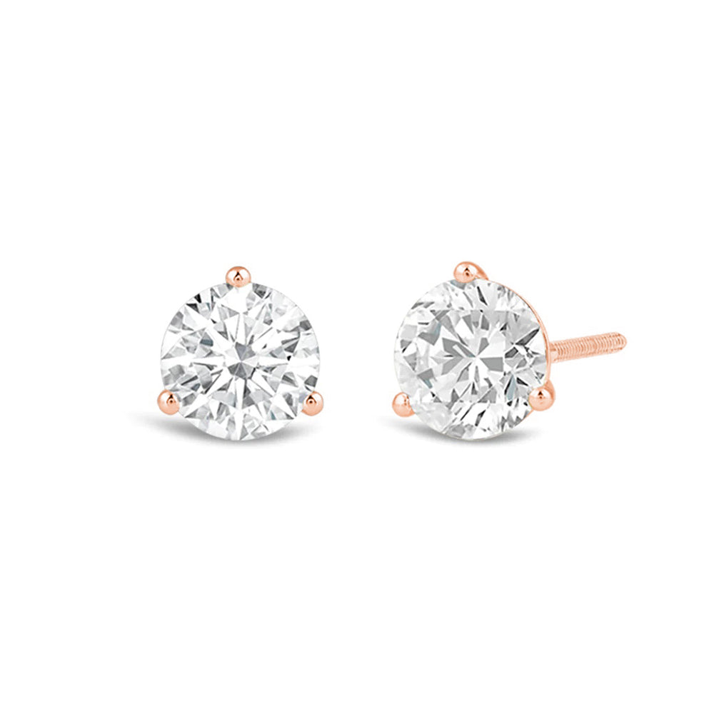 Classic Round Brilliant Cut Diamond Three Prong Martini Stud Earrings with 18KT Rose Gold / Lab / 1 Cut Diamond in 14KT Rose Gold / Lab / 1 view 1