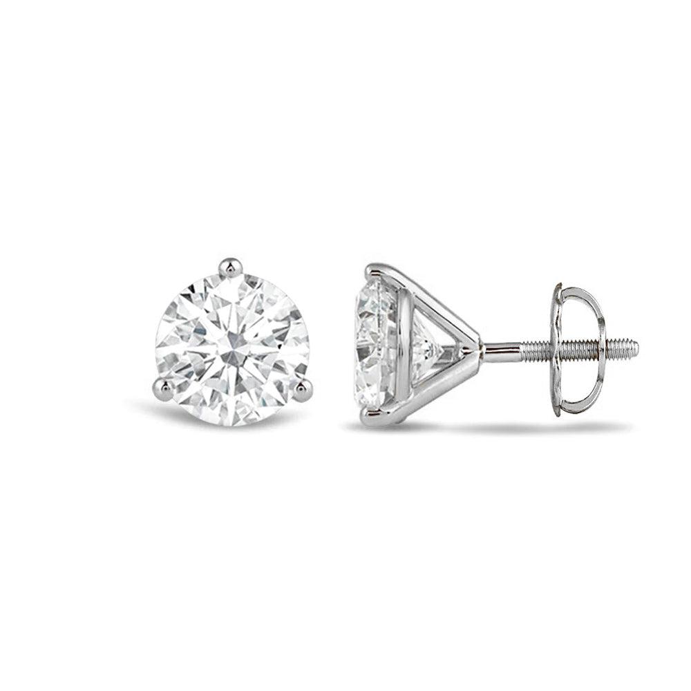 Classic Round Brilliant Cut Diamond Three Prong Martini Stud Earrings with 18KT White Gold / Lab / 1 Cut Diamond in 14KT White Gold / Lab / 1 view 4