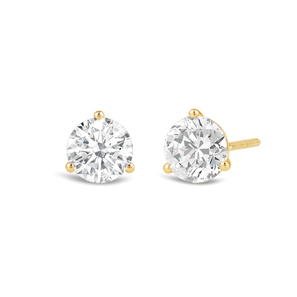 Classic Round Brilliant Cut Diamond Three Prong Martini Stud Earrings with 18KT Yellow Gold / Lab / 1 Cut Diamond in 14KT Yellow Gold / Lab / 1 view 1