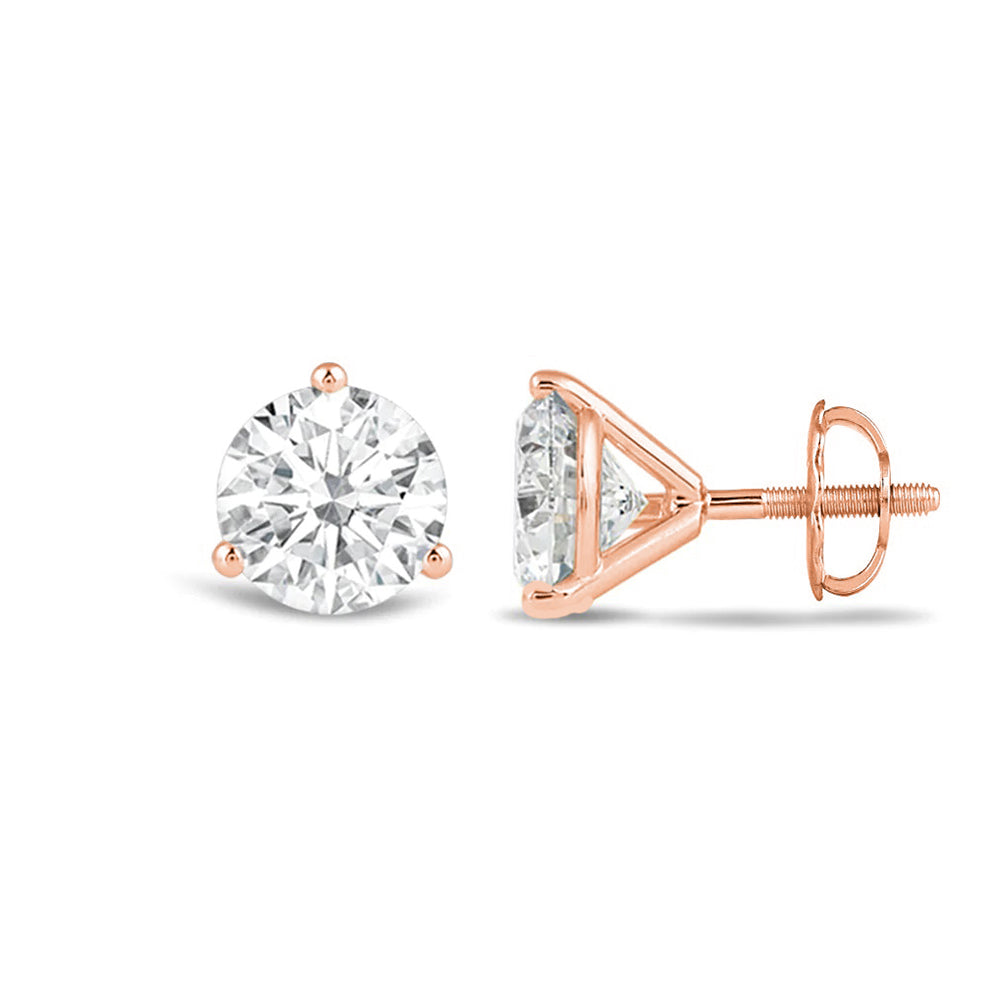 Classic Round Brilliant Cut Diamond Three Prong Martini Stud Earrings with 18KT Rose Gold / Lab / 1 1/2 Cut Diamond in 14KT Rose Gold / Lab / 1 1/2 view 4