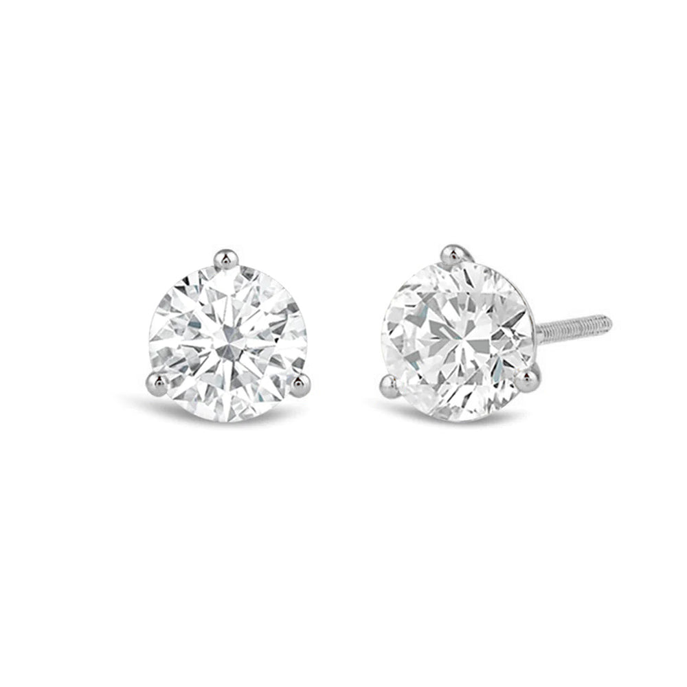 Classic Round Brilliant Cut Diamond Three Prong Martini Stud Earrings with 18KT White Gold / Lab / 1 1/2 Cut Diamond in 14KT White Gold / Lab / 1 1/2 view 1