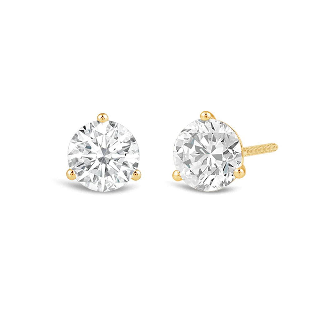 Classic Round Brilliant Cut Diamond Three Prong Martini Stud Earrings with 18KT Yellow Gold / Lab / 1 1/2 Cut Diamond in 14KT Yellow Gold / Lab / 1 1/2 view 1