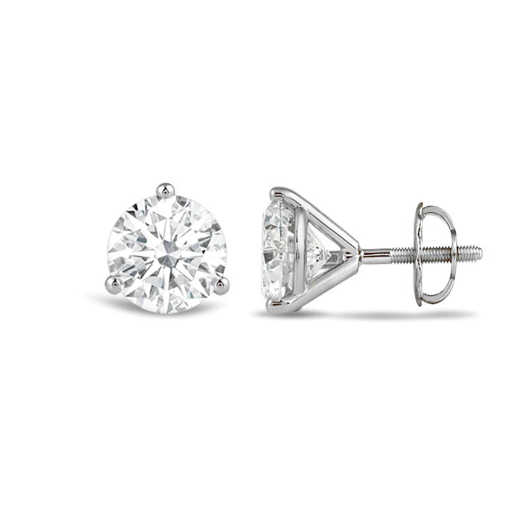Classic Round Brilliant Cut Diamond Three Prong Martini Stud Earrings with 18KT White Gold / Lab / 2 Cut Diamond in 14KT White Gold / Lab / 2 view 4