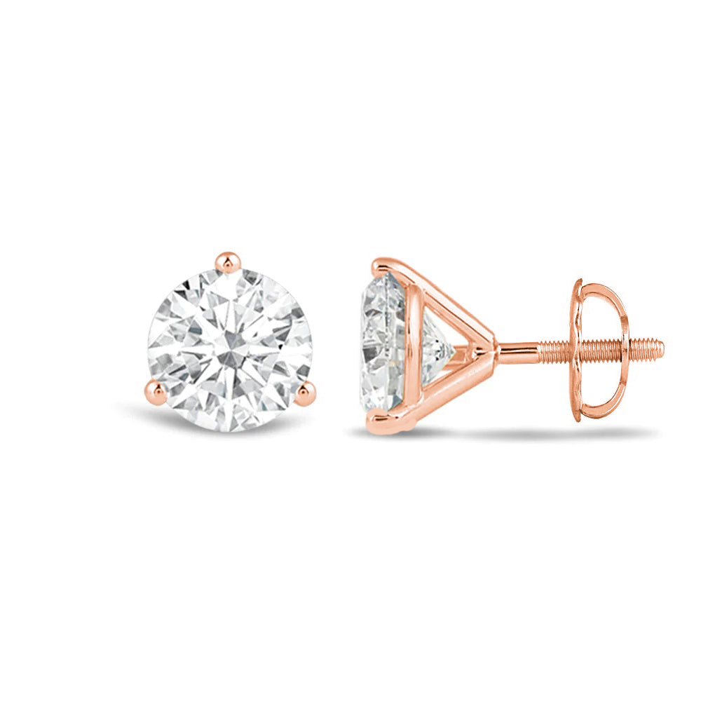 Classic Round Brilliant Cut Diamond Three Prong Martini Stud Earrings with 18KT Rose Gold / Lab / 2 Cut Diamond in 14KT Rose Gold / Lab / 2 view 4