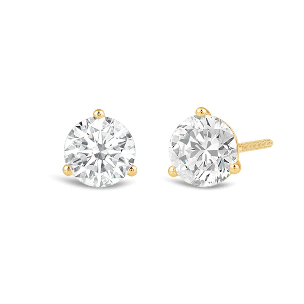 Classic Round Brilliant Cut Diamond Three Prong Martini Stud Earrings with 18KT Yellow Gold / Lab / 2 Cut Diamond in 14KT Yellow Gold / Lab / 2 view 1