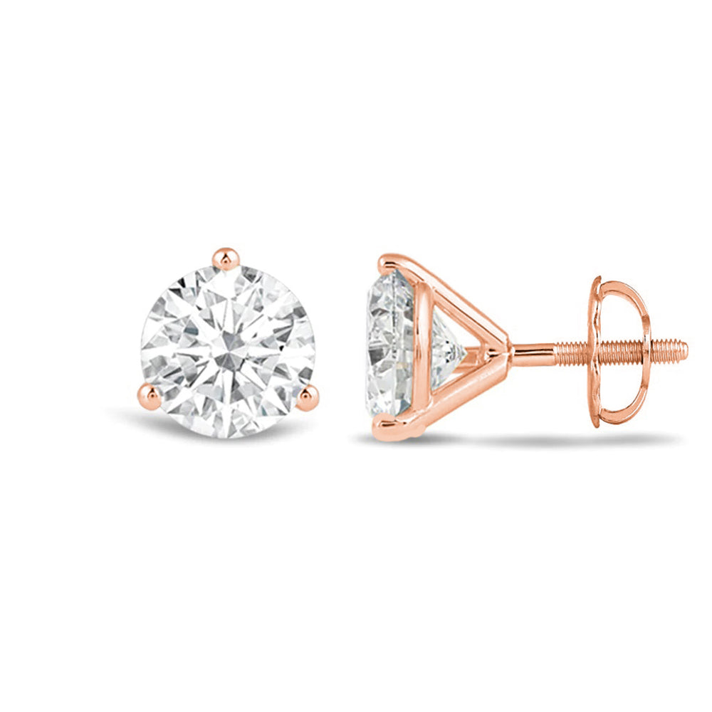 Classic Round Brilliant Cut Diamond Three Prong Martini Stud Earrings with 18KT Rose Gold / Lab / 3 Cut Diamond in 14KT Rose Gold / Lab / 3 view 4