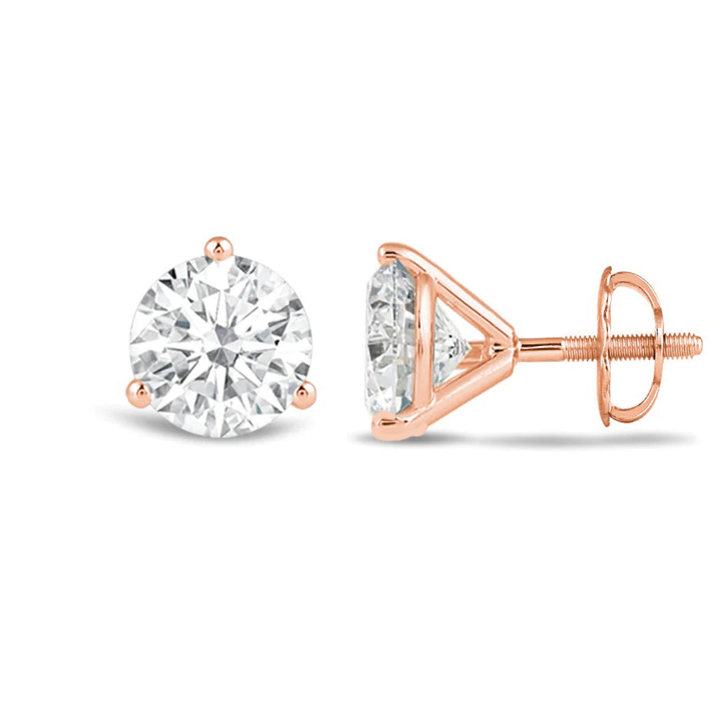 Classic Round Brilliant Cut Diamond Three Prong Martini Stud Earrings with 18KT Rose Gold / Lab / 4 Cut Diamond in 14KT Rose Gold / Lab / 4 view 4