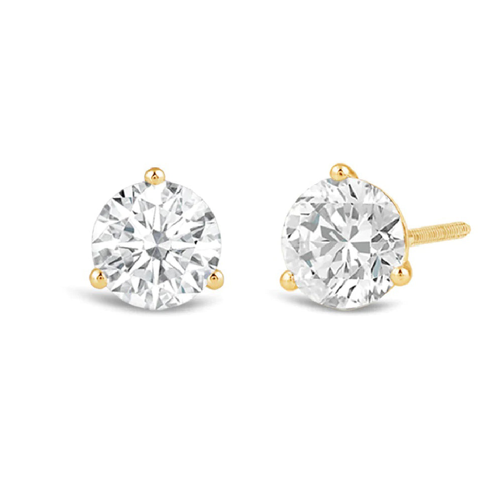Classic Round Brilliant Cut Diamond Three Prong Martini Stud Earrings with 18KT Yellow Gold / Lab / 4 Cut Diamond in 14KT Yellow Gold / Lab / 4 view 1