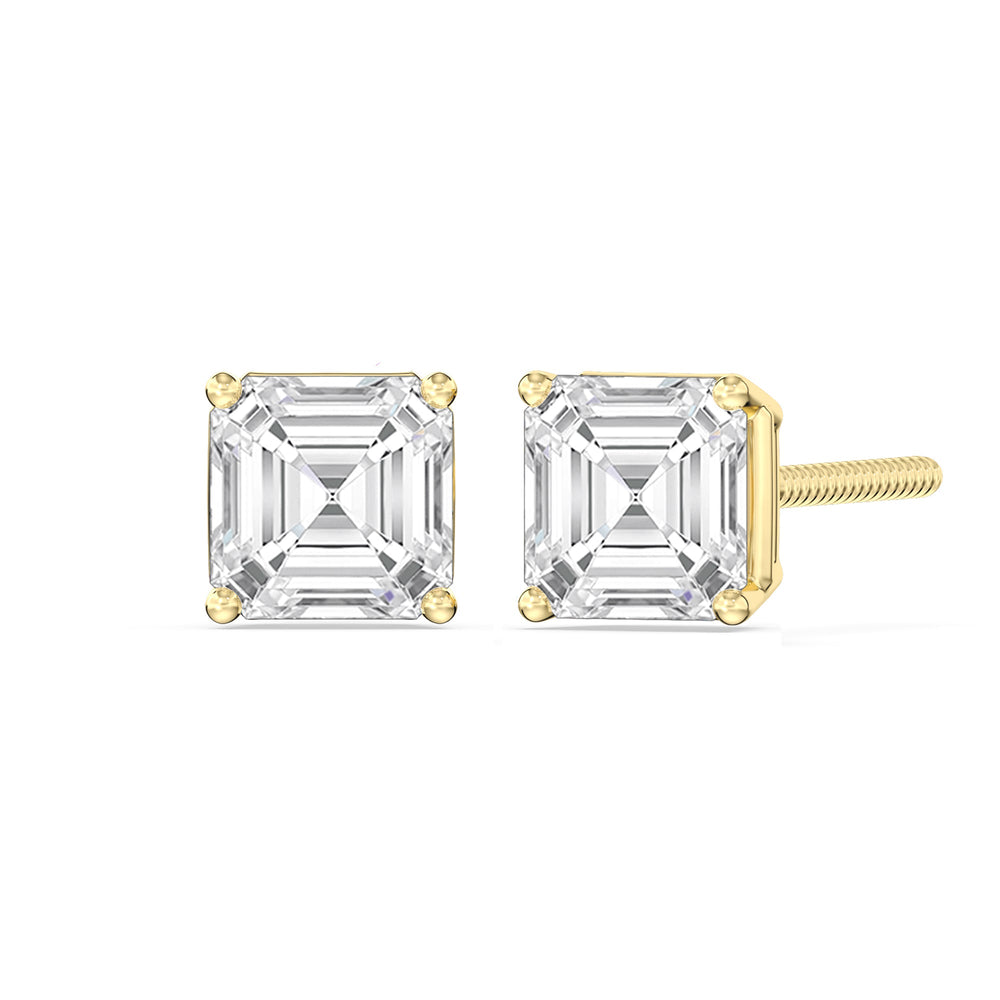 Classic Asscher Stud Earrings with 18KT Yellow Gold / Lab / 2 Cut Diamond in 14KT Yellow Gold / Lab / 2 view 1