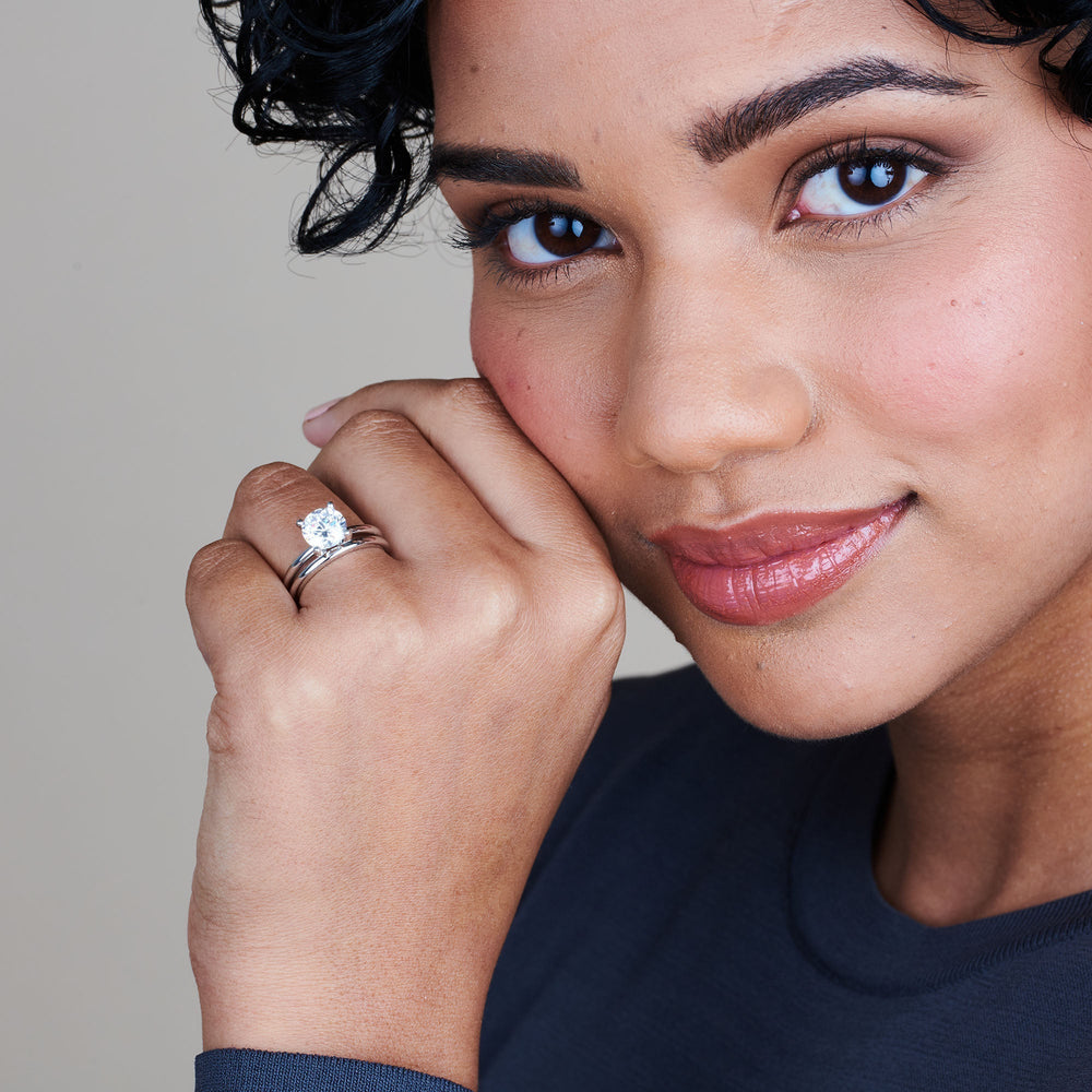 Model Wearing Fine Classic Four Prong Solitaire Diamond Engagement Ring with Lab Grown Diamond view