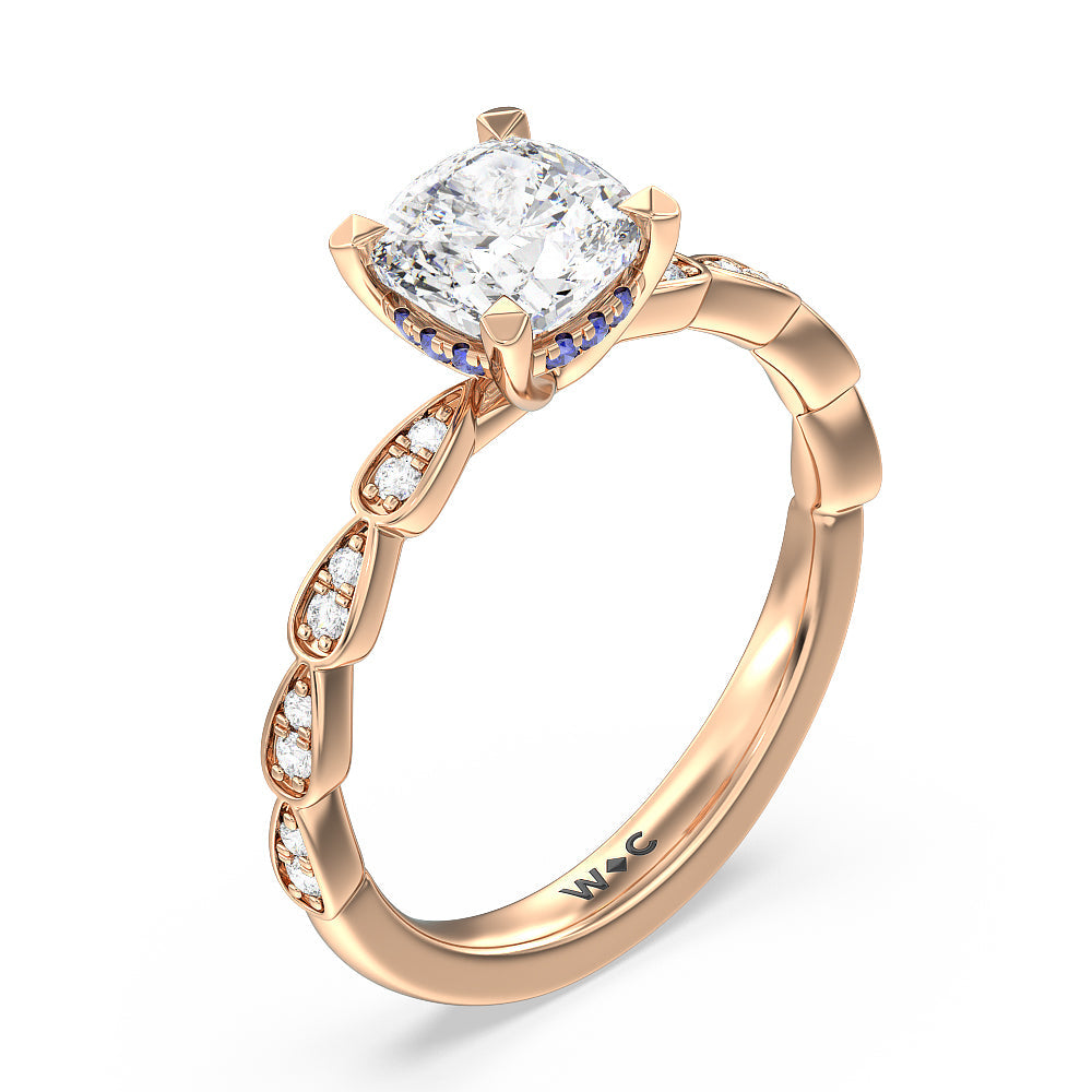 Something Blue Forget-Me-Not Hidden Halo Engagement Ring with Cushion Cut Diamond in 14KT Rose Gold view 3