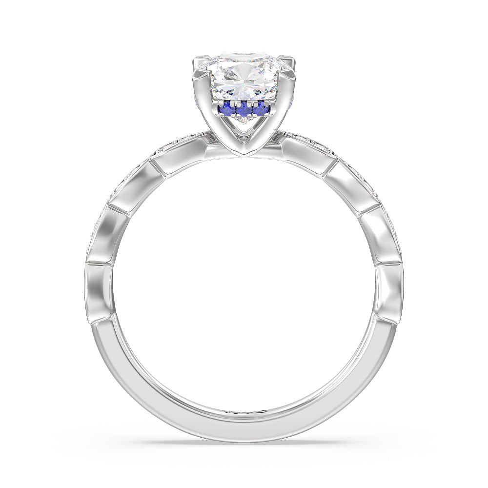 Something Blue Forget-Me-Not Hidden Halo Engagement Ring with Cushion Cut Diamond in 14KT Platinum view 2