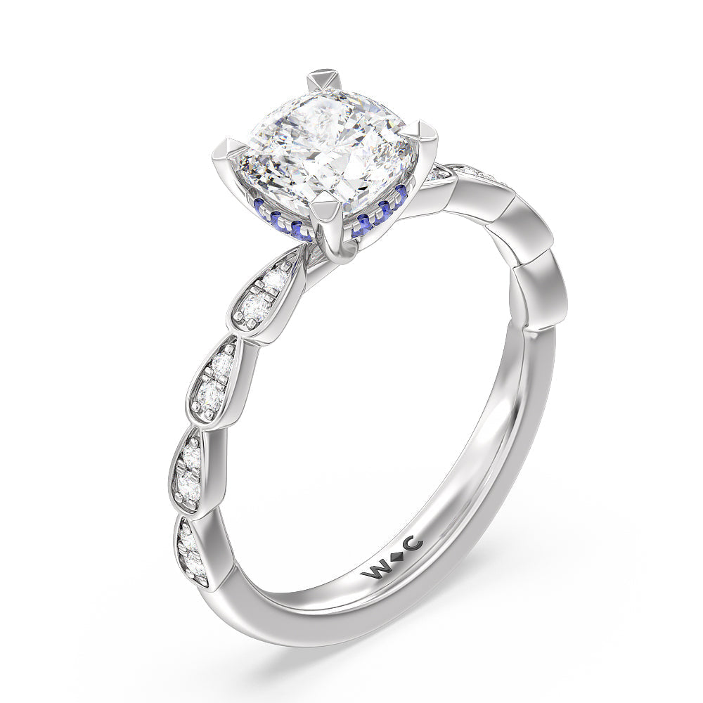 Something Blue Forget-Me-Not Hidden Halo Engagement Ring with Cushion Cut Diamond in 14KT Platinum view 3
