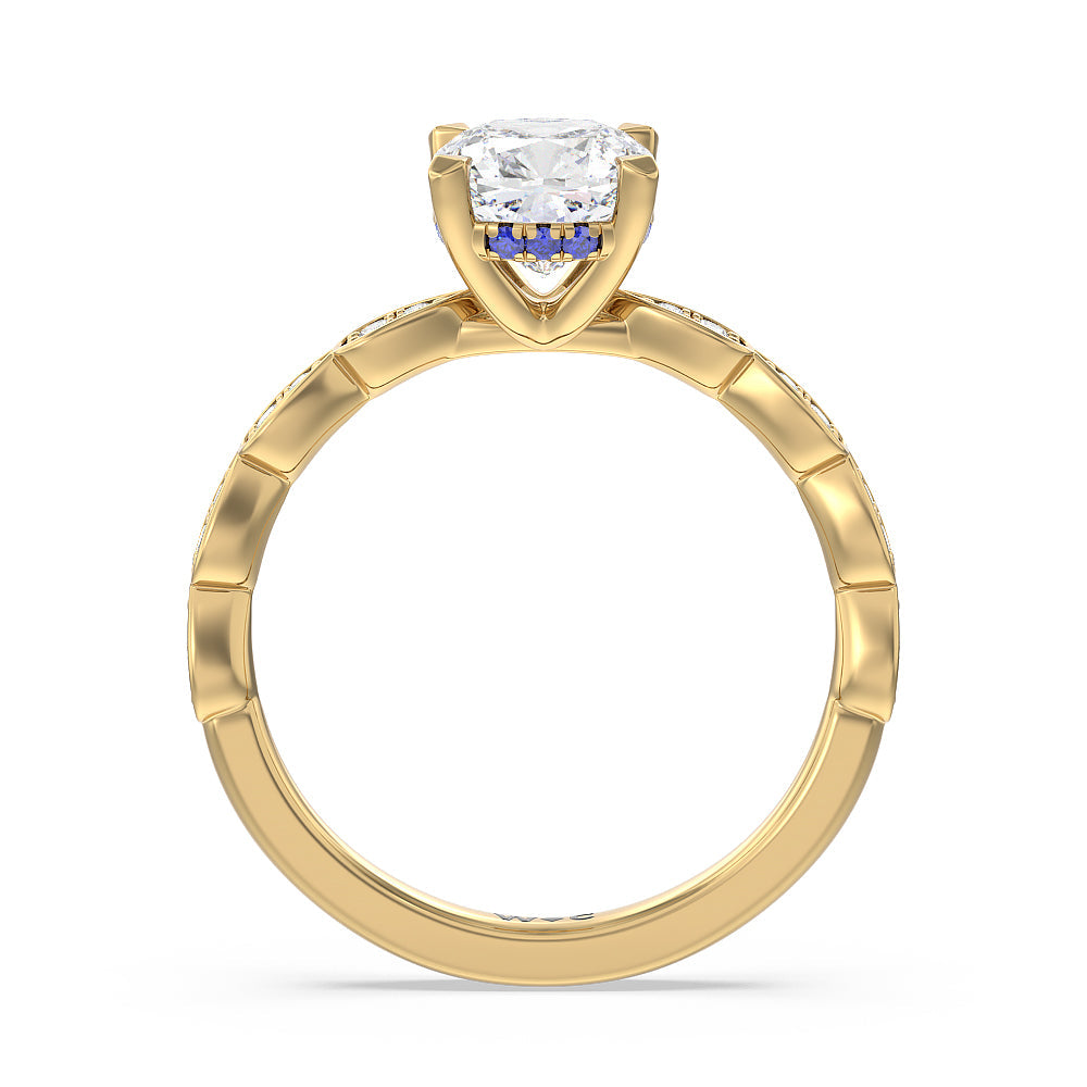 Something Blue Forget-Me-Not Hidden Halo Engagement Ring with Cushion Cut Diamond in 14KT Yellow Gold view 2