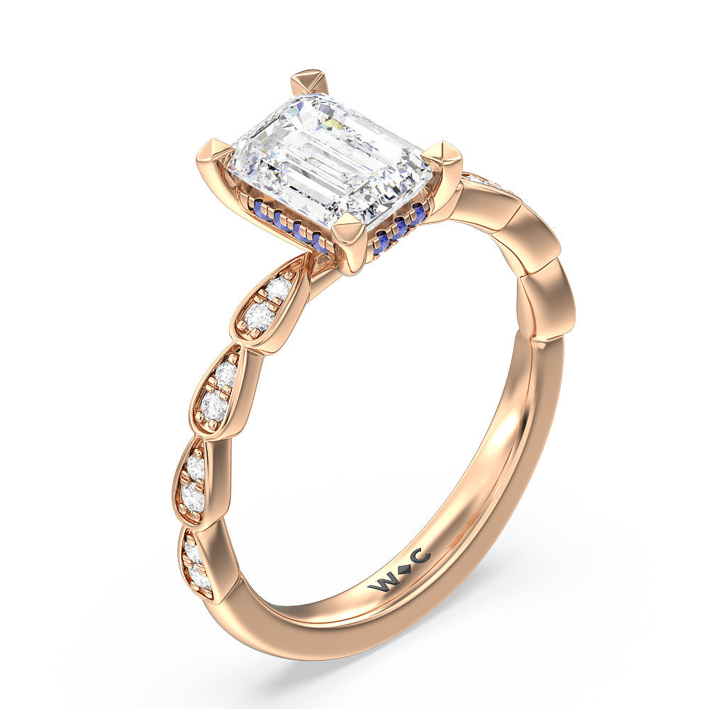 Something Blue Forget-Me-Not Hidden Halo Engagement Ring with Emerald Cut Diamond in 14KT Rose Gold view 3