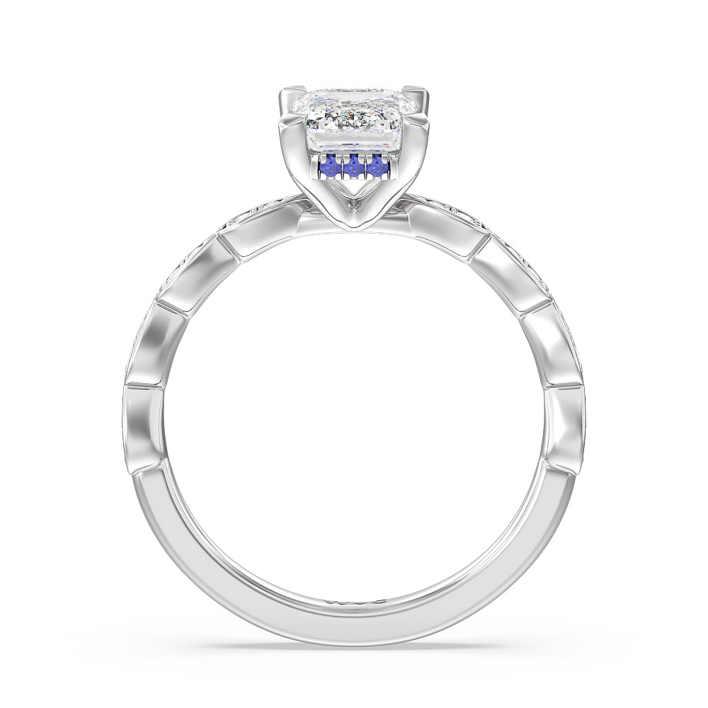 Something Blue Forget-Me-Not Hidden Halo Engagement Ring with Emerald Cut Diamond in 14KT Platinum view 2