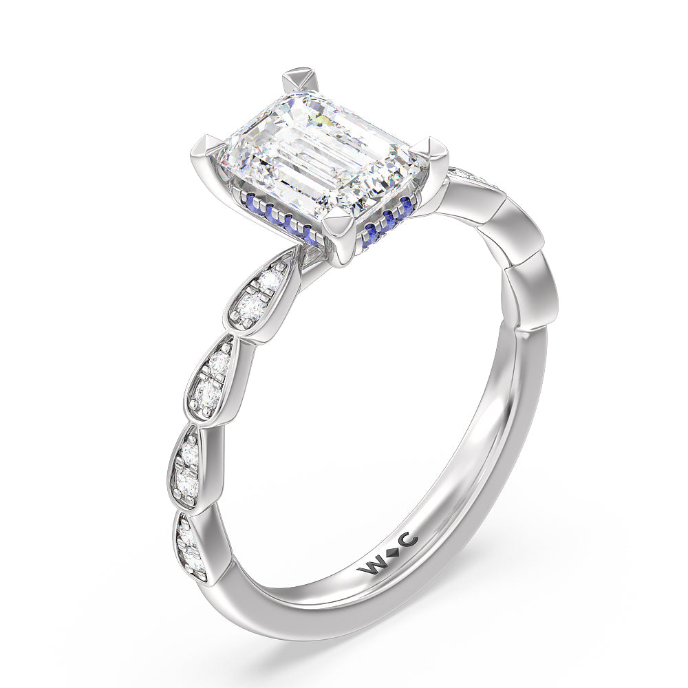 Something Blue Forget-Me-Not Hidden Halo Engagement Ring with Emerald Cut Diamond in 14KT Platinum view 3