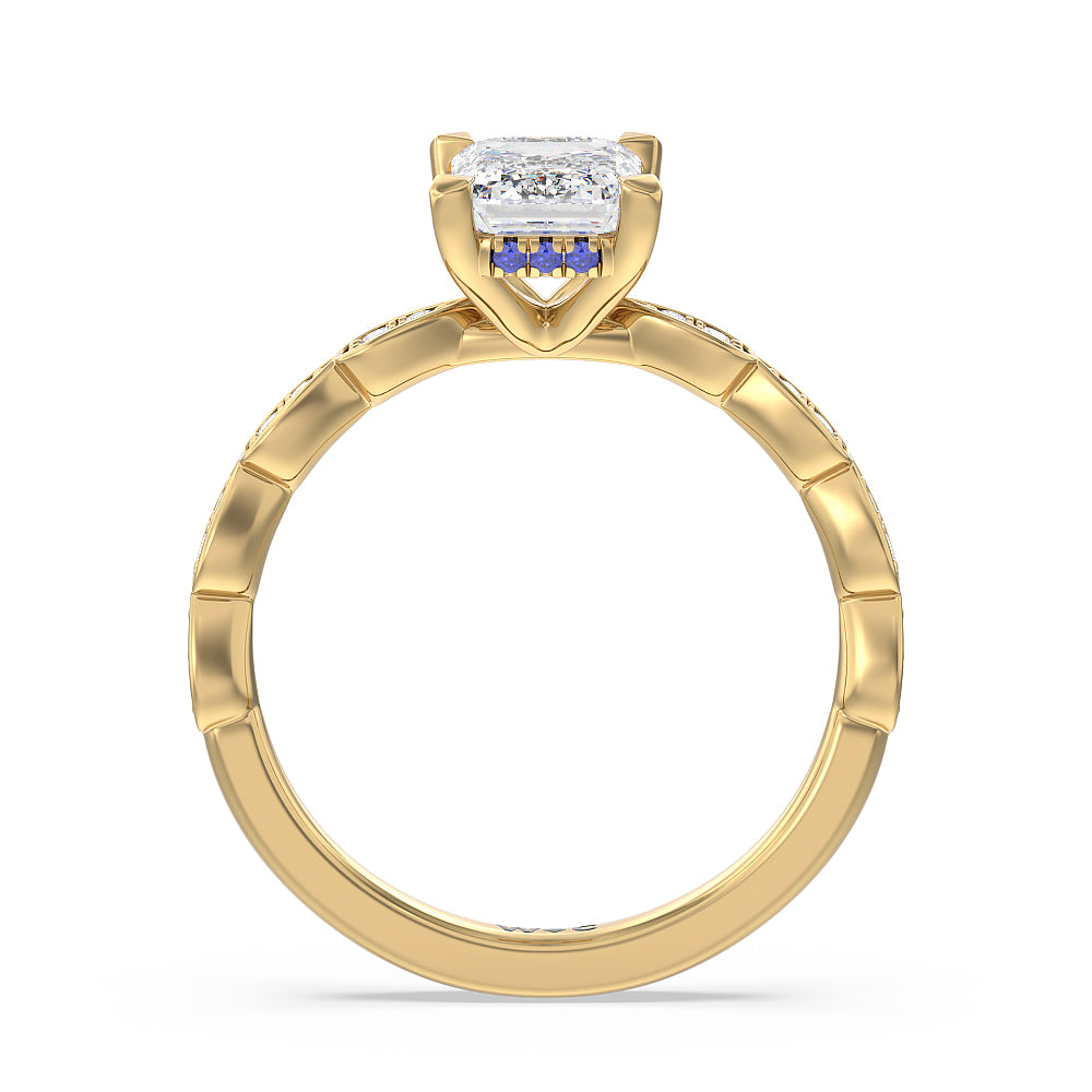 Something Blue Forget-Me-Not Hidden Halo Engagement Ring with Emerald Cut Diamond in 14KT Yellow Gold view 2