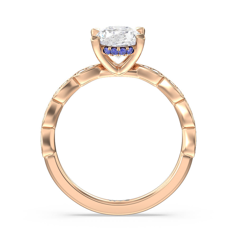 Something Blue Forget-Me-Not Hidden Halo Engagement Ring with Oval Cut Diamond in 14KT Rose Gold view 2