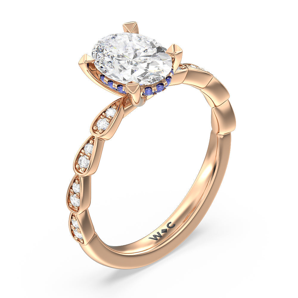 Something Blue Forget-Me-Not Hidden Halo Engagement Ring with Oval Cut Diamond in 14KT Rose Gold view 3