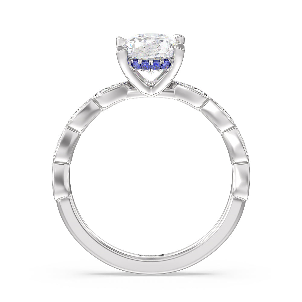 Something Blue Forget-Me-Not Hidden Halo Engagement Ring with Oval Cut Diamond in 14KT Platinum view 2
