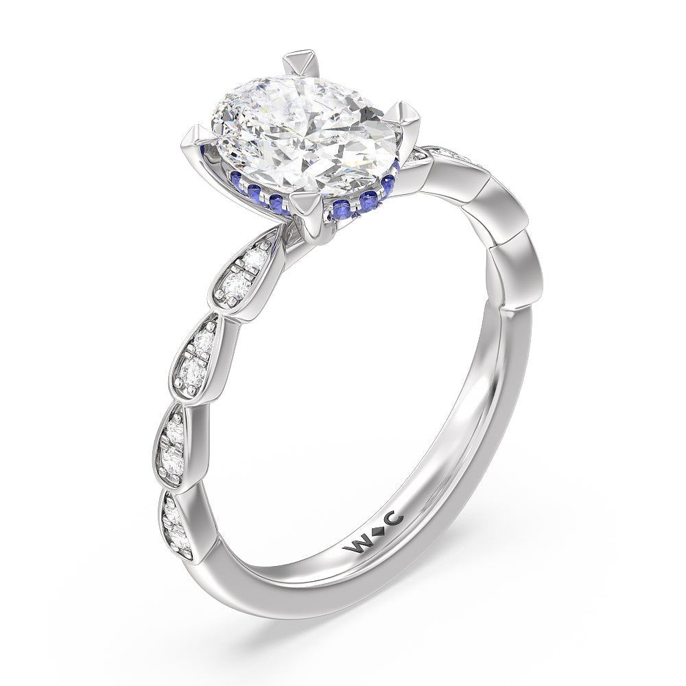 Something Blue Forget-Me-Not Hidden Halo Engagement Ring with Oval Cut Diamond in 14KT Platinum view 3