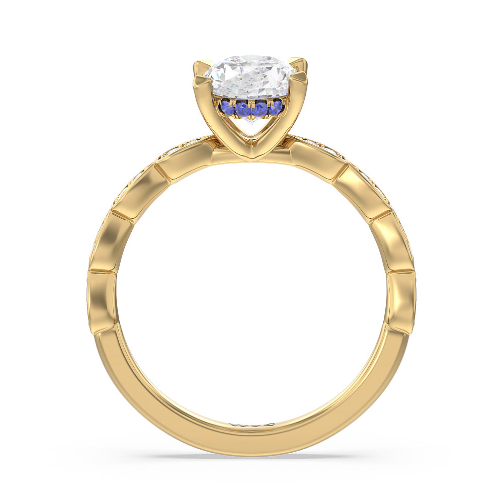 Something Blue Forget-Me-Not Hidden Halo Engagement Ring with Oval Cut Diamond in 14KT Yellow Gold view 2