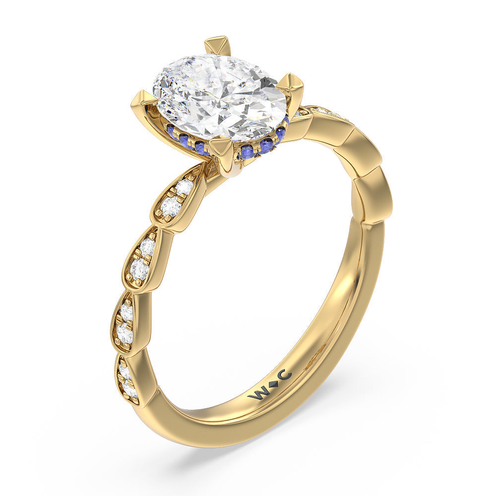 Something Blue Forget-Me-Not Hidden Halo Engagement Ring with Oval Cut Diamond in 14KT Yellow Gold view 3