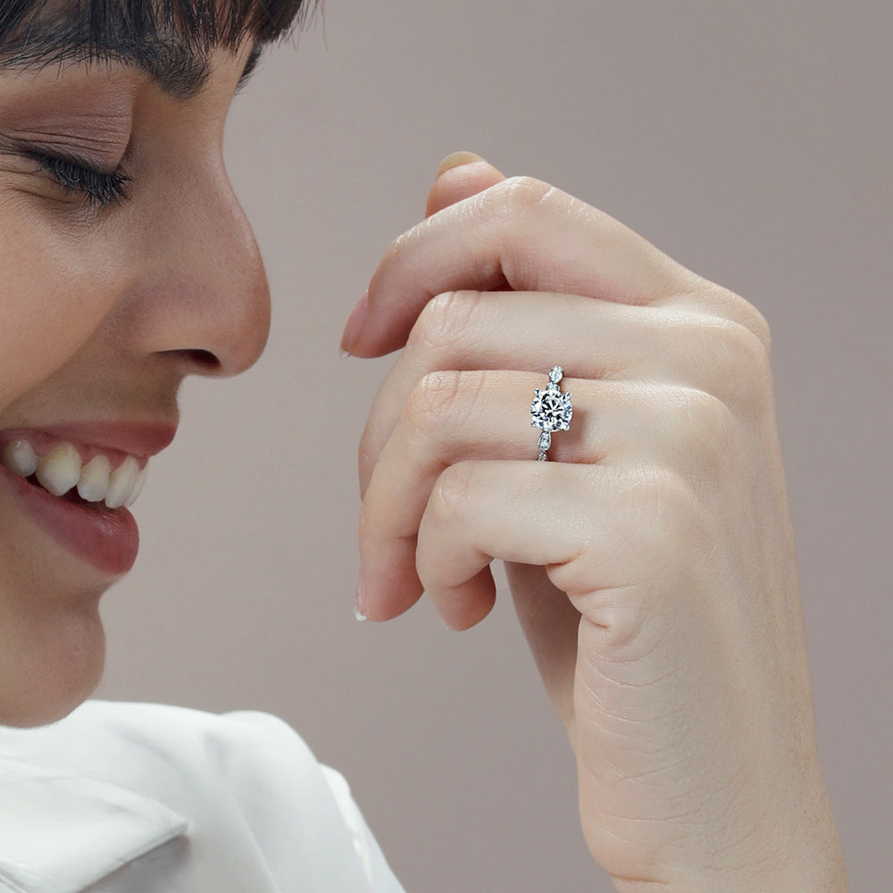 Model Wearing Something Blue Forget-Me-Not Hidden Halo Engagement Ring view
