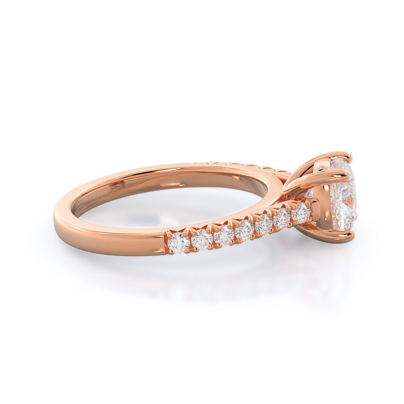 French Basket Pave Diamond Engagement Ring with Cushion Cut Diamond in 14KT Rose Gold view 3