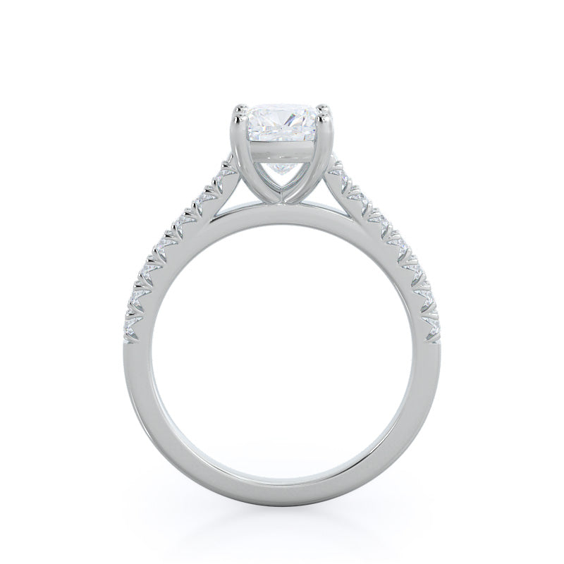 French Basket Pave Diamond Engagement Ring with Cushion Cut Diamond in 14KT Platinum view 2