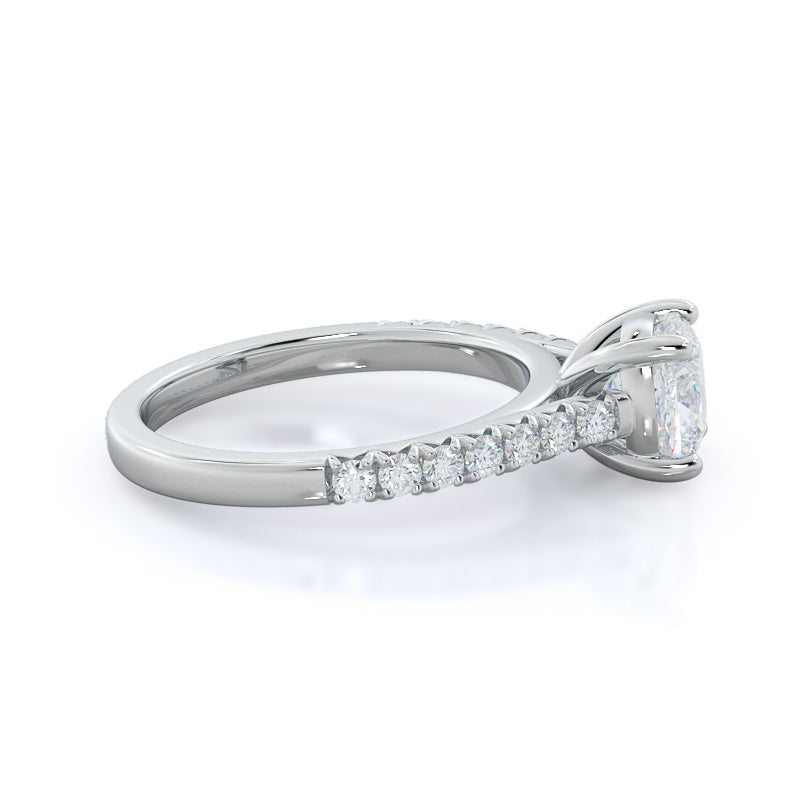 French Basket Pave Diamond Engagement Ring with Cushion Cut Diamond in 14KT Platinum view 3