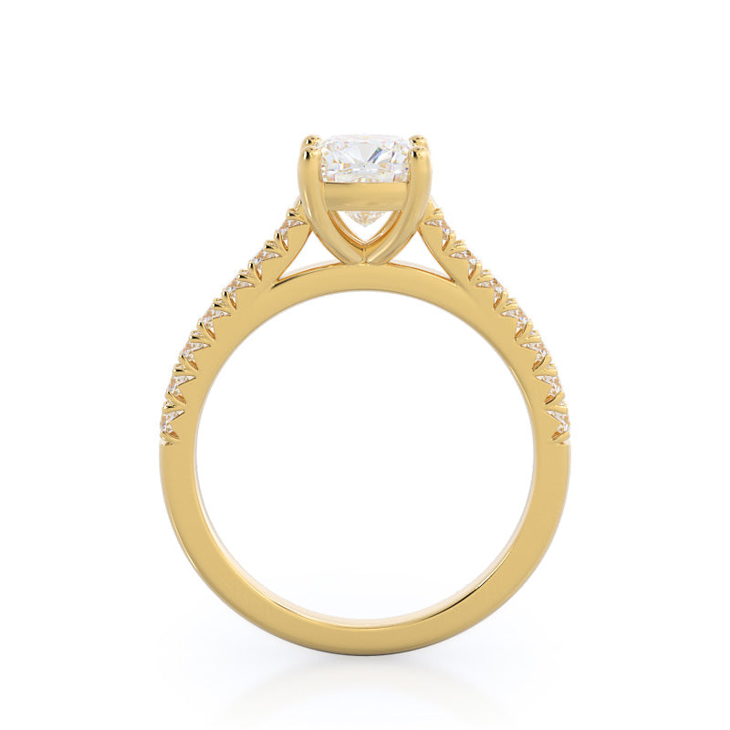 French Basket Pave Diamond Engagement Ring with Cushion Cut Diamond in 14KT Yellow Gold view 2