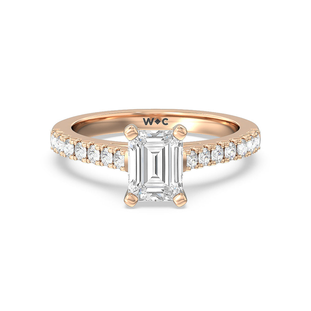 French Basket Pave Diamond Engagement Ring with Emerald Cut Diamond in 14KT Rose Gold view 1