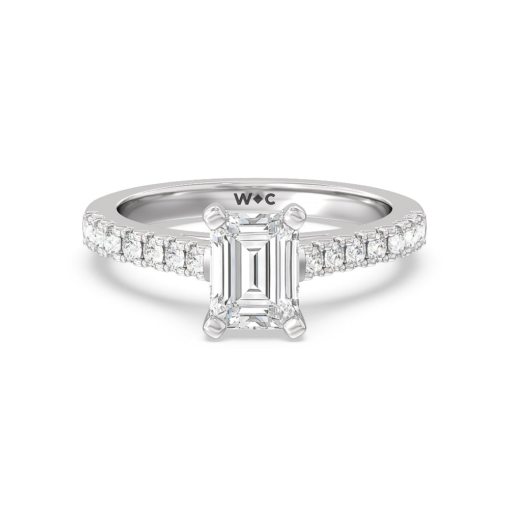 French Basket Pave Diamond Engagement Ring with Emerald Cut Diamond in 14KT Platinum view 1