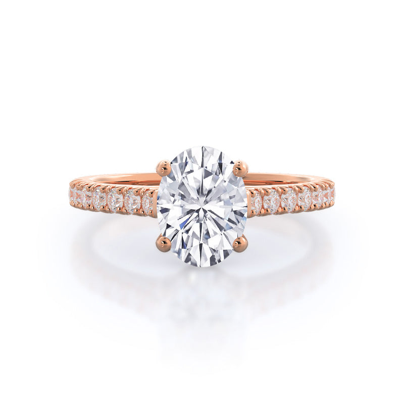 French Basket Pave Diamond Engagement Ring with Oval Cut Diamond in 14KT Rose Gold view 1