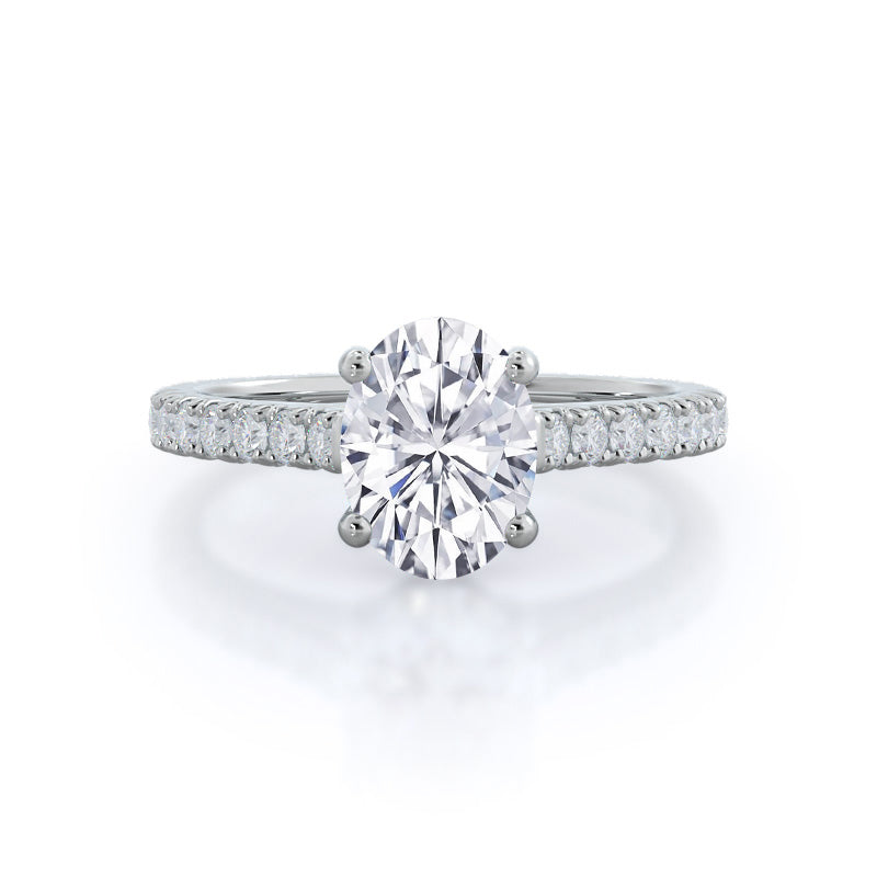French Basket Pave Diamond Engagement Ring with Oval Cut Diamond in 14KT Platinum view 1