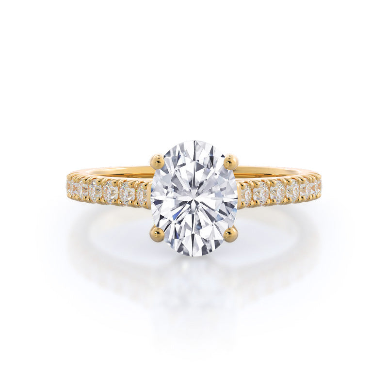 French Basket Pave Diamond Engagement Ring with Oval Cut Diamond in 14KT Yellow Gold view 1