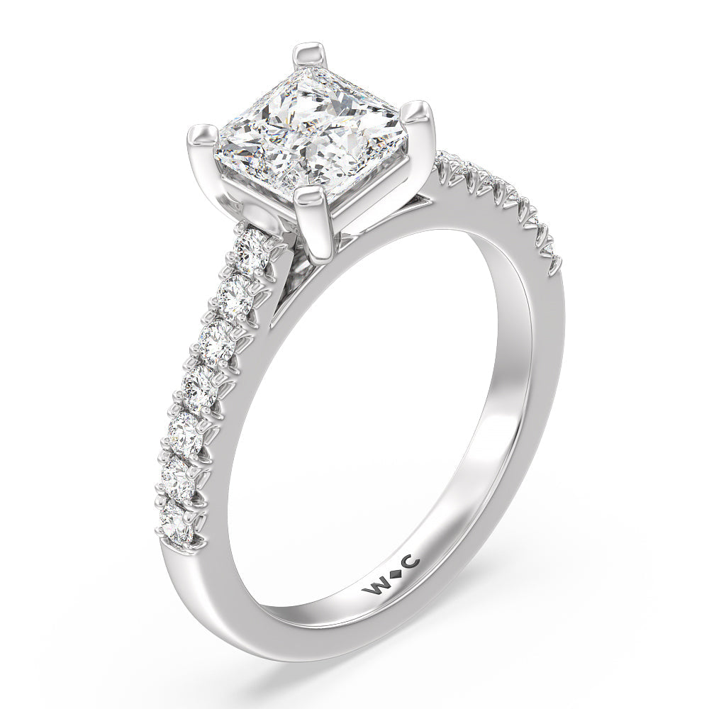 French Basket Pave Diamond Engagement Ring with Princess Cut Diamond in 14KT Platinum view 3
