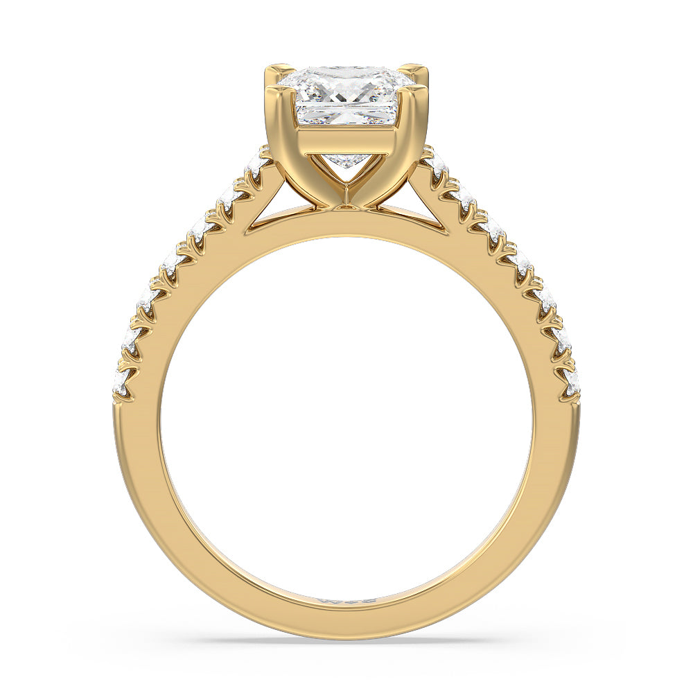 French Basket Pave Diamond Engagement Ring with Princess Cut Diamond in 14KT Yellow Gold view 2