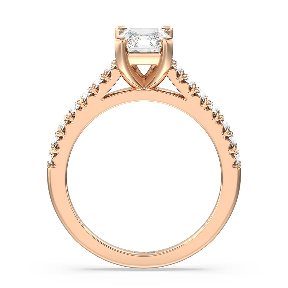 French Basket Pave Diamond Engagement Ring with Radiant Cut Diamond in 14KT Rose Gold view 2