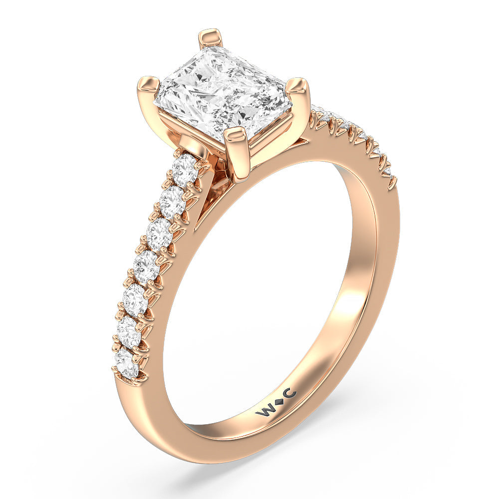 French Basket Pave Diamond Engagement Ring with Radiant Cut Diamond in 14KT Rose Gold view 3