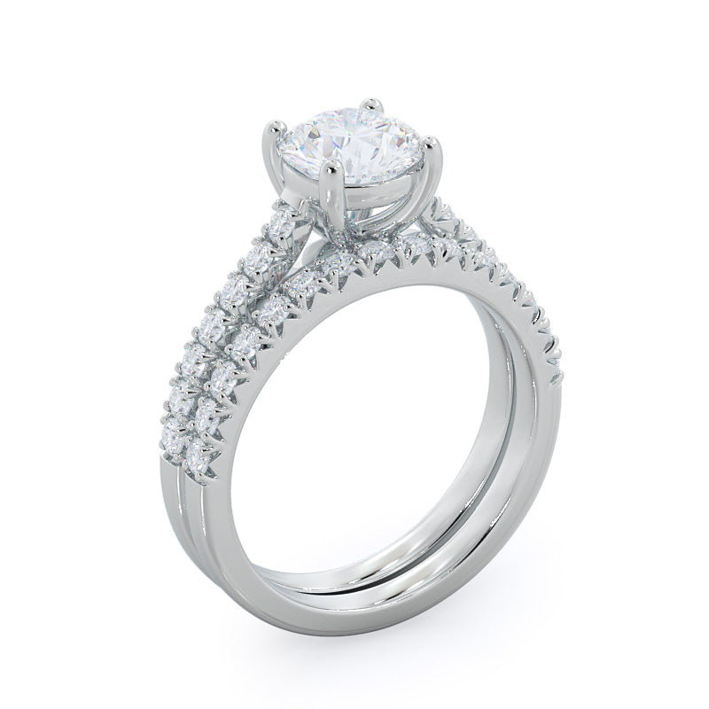 French Basket Pave Diamond Wedding Band with 18KT White Gold Cut Diamond in 14KT White Gold view 3