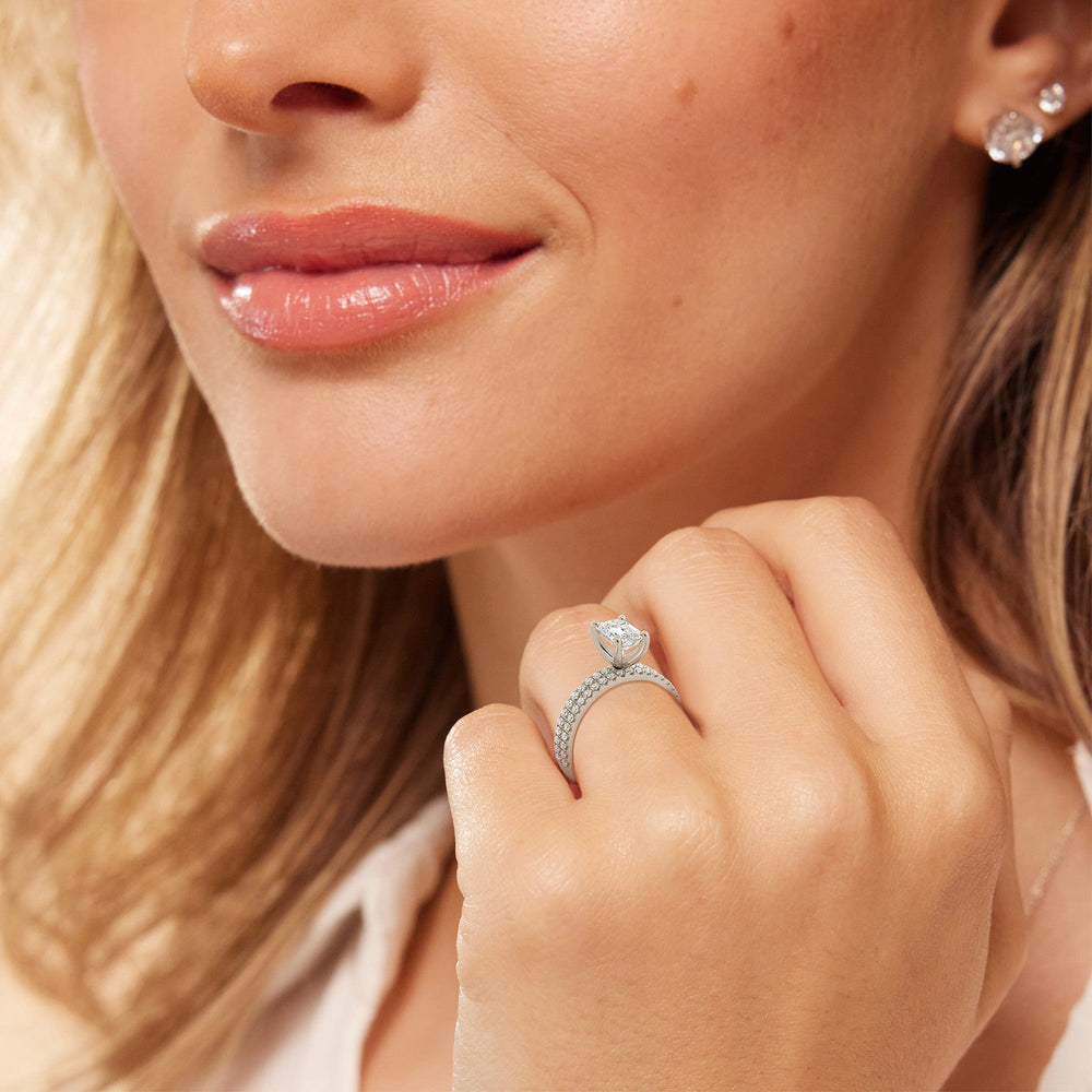 Model Wearing Curved Petite Micropave Diamond Wedding Band view