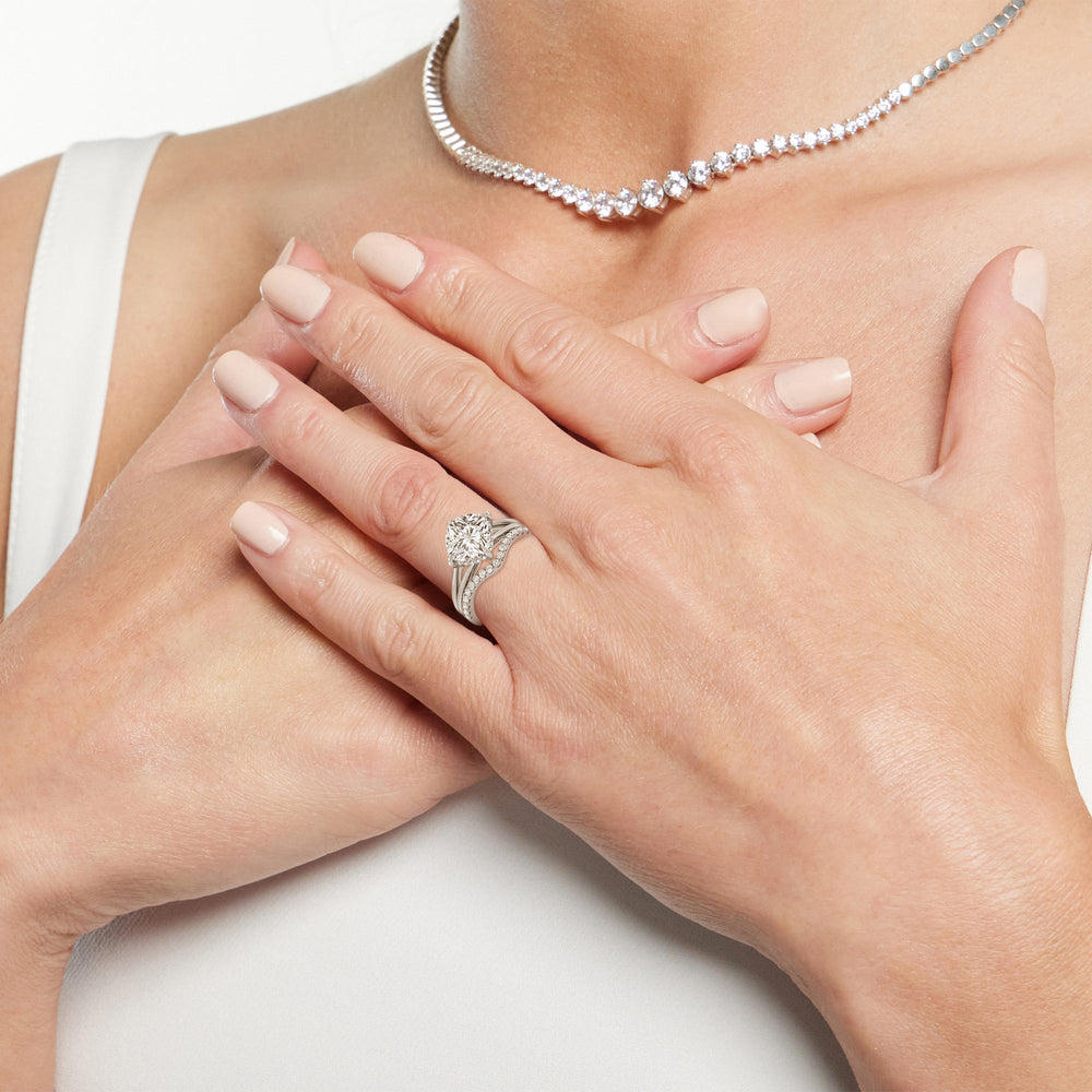 Model Wearing Elegance Hidden Halo Diamond Wedding Band view