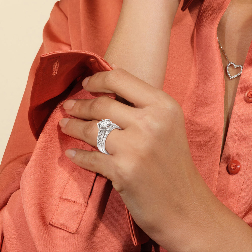 Model Wearing Vintage Filigree Floral Halo Diamond Wedding Band view