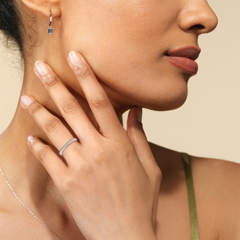 Model Wearing Channel & Pave Basket Diamond Wedding Band view